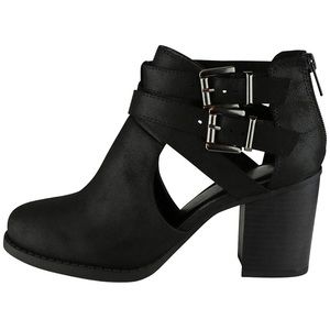 Cut Out Buckle Stacked Heel Chunky Ankle Bootie